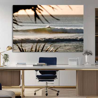 24896468-MGV-CV-36X24-Sunset Surf Wall Art Canvas Print, Framed Golden Waves Art Picture Print, Tropical Ocean Perfect Tropical Boho Decor Artwork