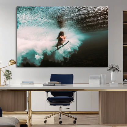 85923512-MGV-CV-36X24-Aquatic Motion Wall Art Canvas Print, Framed Underwater Swimming Art Picture Print, Female Surfer Diving Perfect Coastal Boho