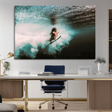85923512-MGV-CV-36X24-Aquatic Motion Wall Art Canvas Print, Framed Underwater Swimming Art Picture Print, Female Surfer Diving Perfect Coastal Boho