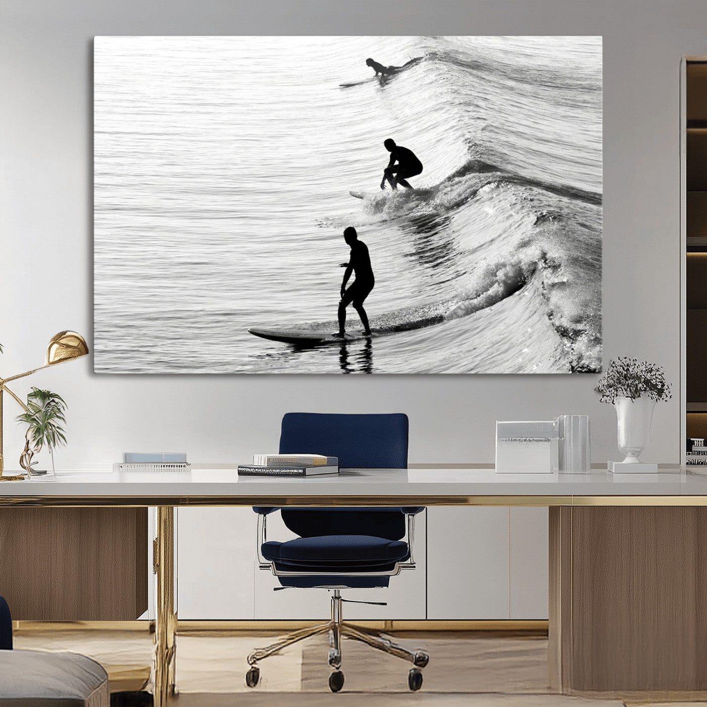 19875284-MGV-CV-36X24-Surfer Waves Wall Art Canvas Print, Framed Black White Surf Art Picture Print, Monochrome Ocean Perfect Modern Coastal Decor