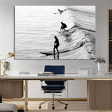 19875284-MGV-CV-36X24-Surfer Waves Wall Art Canvas Print, Framed Black White Surf Art Picture Print, Monochrome Ocean Perfect Modern Coastal Decor