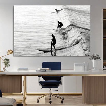 19875284-MGV-CV-36X24-Surfer Waves Wall Art Canvas Print, Framed Black White Surf Art Picture Print, Monochrome Ocean Perfect Modern Coastal Decor