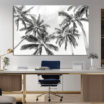 62113786-MGV-CV-36X24-Black White Palm Wall Art Canvas Print, Framed Monochrome Tropics Art Picture Print, Minimalist Beach Perfect Coastal Minimalist