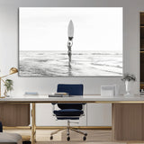 98446901-MGV-CV-36X24-Monochrome Surf Wall Art Canvas Print, Framed Minimalist Surfer Art Picture Print, Surfboard Silhouette Perfect Coastal Minimalist