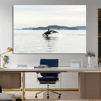 10157174-MGV-CV-36X24-Orca Whale Wall Art Canvas Print, Framed Black White Whale Art Picture Print, Minimalist Ocean Perfect Coastal Minimalist Decor