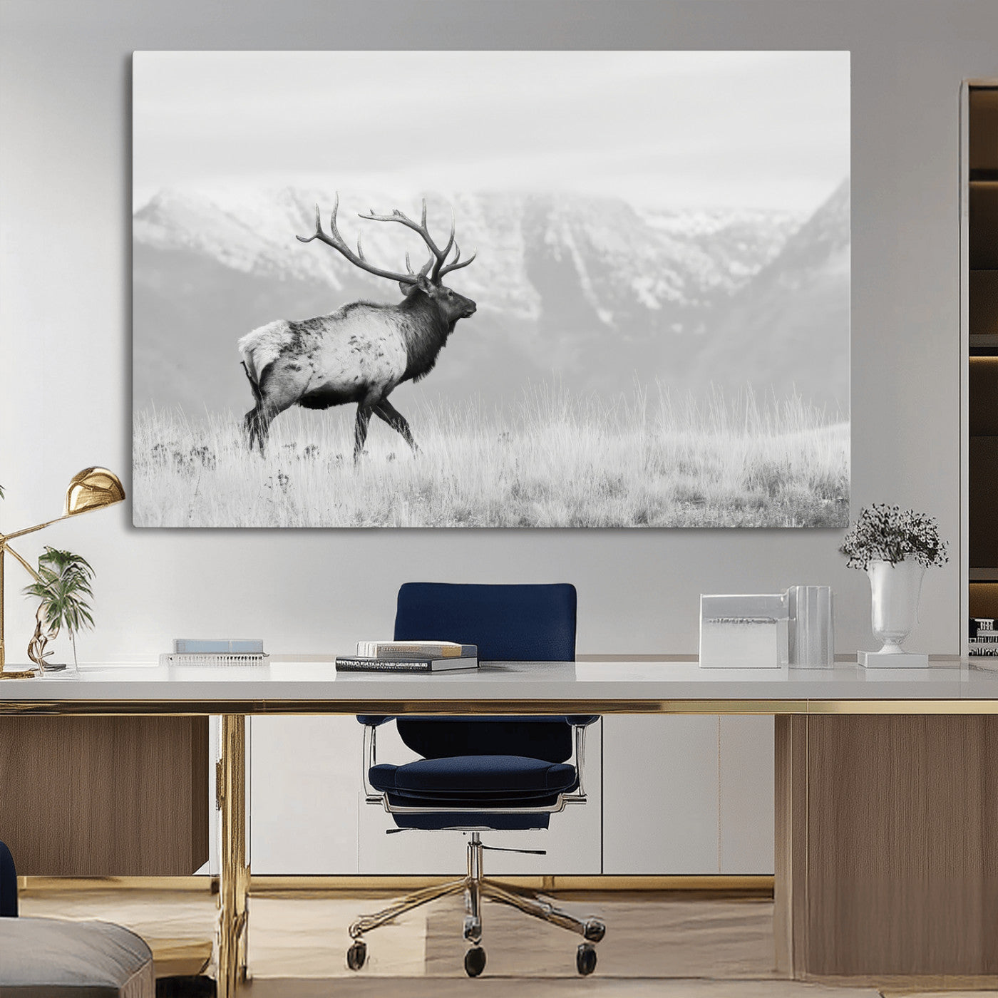 62278753-MGV-CV-36X24-Monochrome Elk Wall Art Canvas Print, Framed Mountain Wildlife Art Picture Print, Rustic Nature Perfect Rustic Minimalist Decor