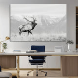 62278753-MGV-CV-36X24-Monochrome Elk Wall Art Canvas Print, Framed Mountain Wildlife Art Picture Print, Rustic Nature Perfect Rustic Minimalist Decor