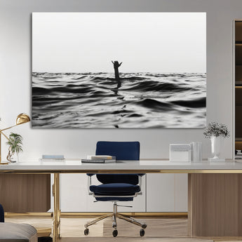 69541918-MGV-CV-36X24-Black White Ocean Wall Art Canvas Print, Framed Moody Seascape Art Picture Print, Surfer Sign Perfect Moody Minimalist Decor