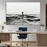 69541918-MGV-CV-36X24-Black White Ocean Wall Art Canvas Print, Framed Moody Seascape Art Picture Print, Surfer Sign Perfect Moody Minimalist Decor