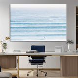 77145995-MGV-CV-36X24-Ocean Simplicity Wall Art Canvas Print, Framed Surfer on Water Art Picture Print, Light Blue Perfect Coastal Minimalist Decor