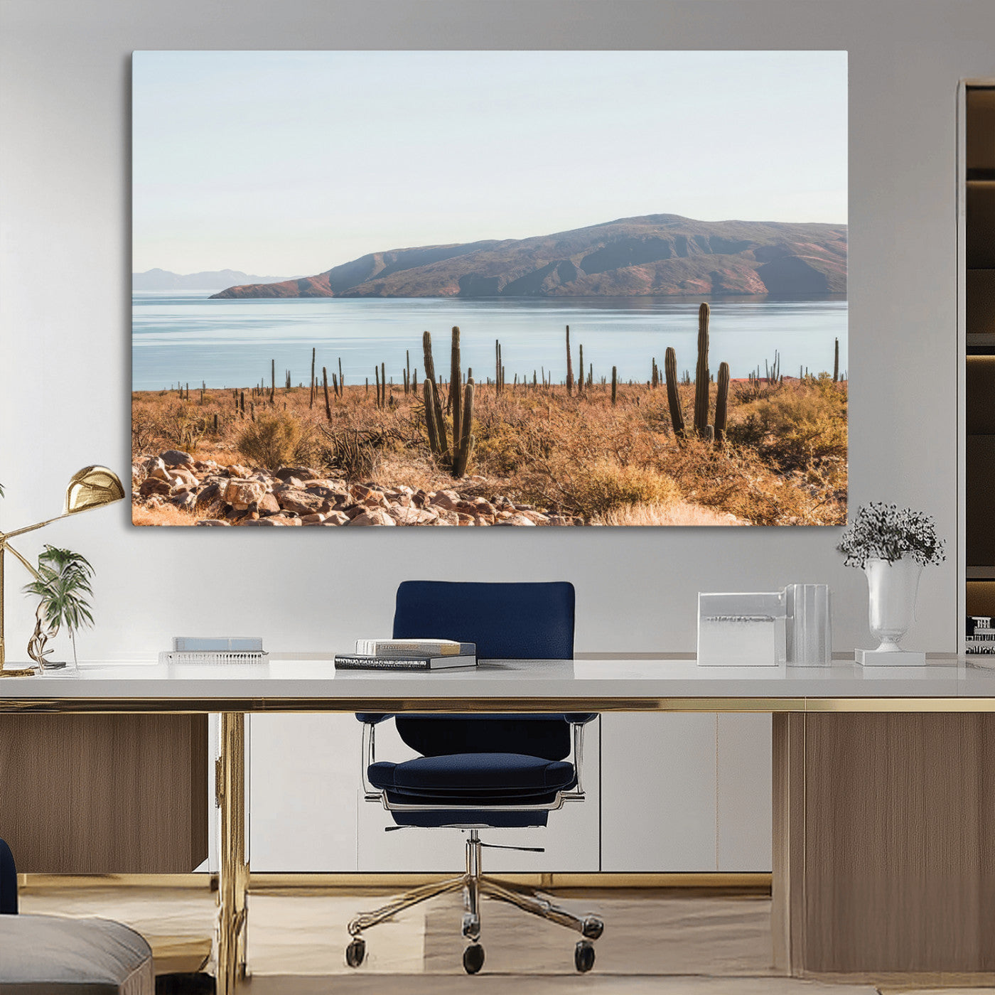 45193515-MGV-CV-36X24-Desert Cactus Wall Art Canvas Print, Framed Baja Coastline Art Picture Print, Coastal Desert Perfect Southwestern Minimalist Decor