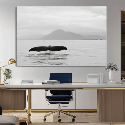 30524220-MGV-CV-36X24-Whale Tail Wall Art Canvas Print, Framed Black White Ocean Art Picture Print, Calm Marine Perfect Minimalist Coastal Decor Artwork