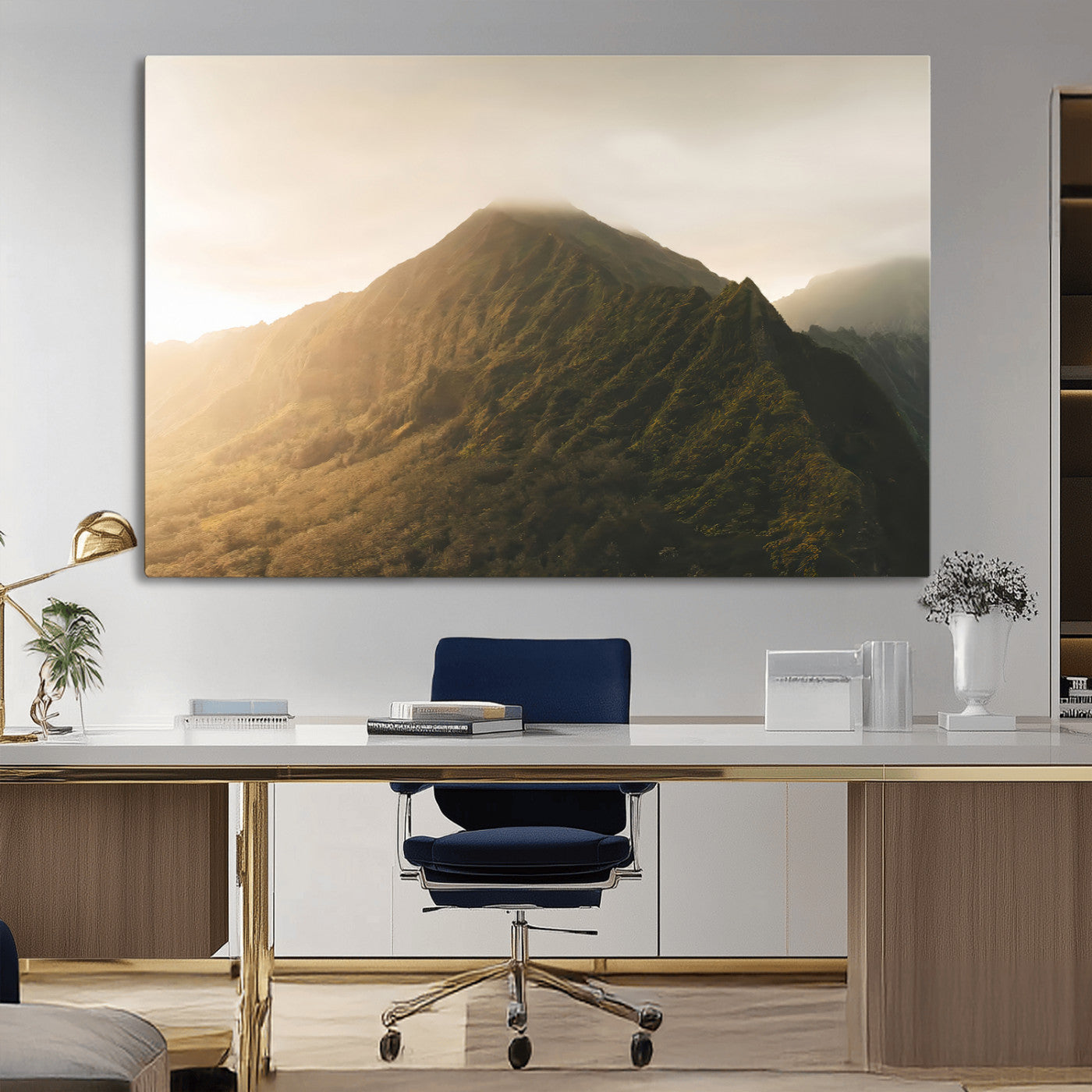 42338636-MGV-CV-36X24-Golden Mountain Wall Art Canvas Print, Framed Misty Summit Art Picture Print, Rugged Landscape Perfect Moody Wilderness Decor