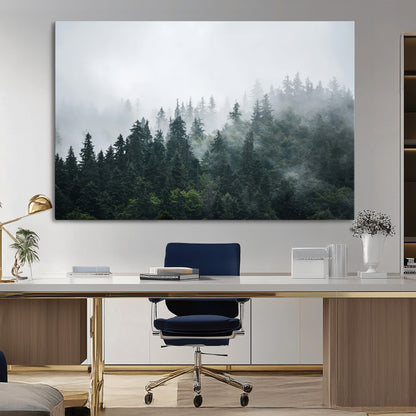 84146572-MGV-CV-36X24-Foggy Pine Trees Wall Art Canvas Print, Framed Forest Nature Art Picture Print, Evergreen Forest Perfect Scandinavian Minimalist