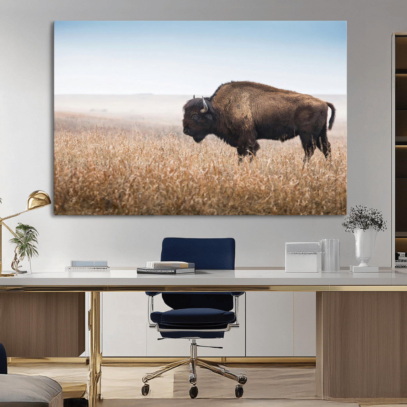99620201-MGV-CV-36X24-Wild Bison Wall Art Canvas Print, Framed Bison in Prairie Art Picture Print, Rustic Western Perfect Rustic Western Decor Artwork