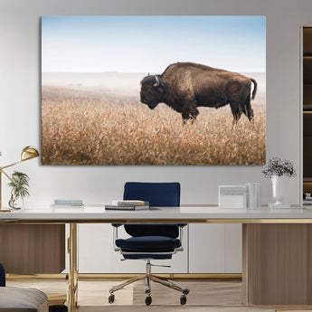 99620201-MGV-CV-36X24-Wild Bison Wall Art Canvas Print, Framed Bison in Prairie Art Picture Print, Rustic Western Perfect Rustic Western Decor Artwork
