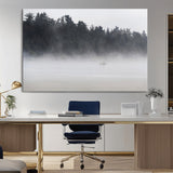 59703275-MGV-CV-36X24-Surfer in Fog Wall Art Canvas Print, Framed Foggy Beach Art Picture Print, Coastal Surf Perfect Moody Coastal Decor Artwork