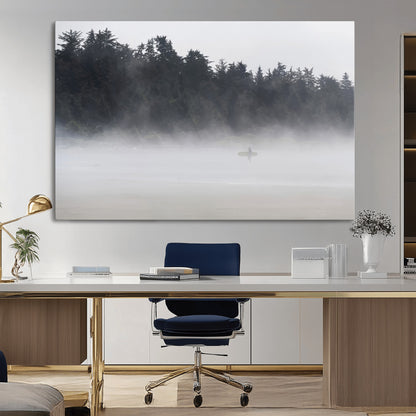 59703275-MGV-CV-36X24-Surfer in Fog Wall Art Canvas Print, Framed Foggy Beach Art Picture Print, Coastal Surf Perfect Moody Coastal Decor Artwork