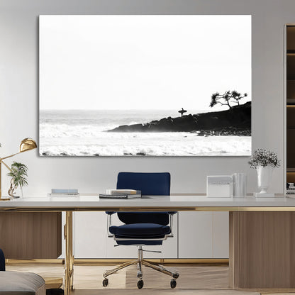 40875891-MGV-CV-36X24-SurferCliffs Wall Art Canvas Print, Framed Black White Beach Art Picture Print, Ocean Waves Perfect Minimalist Coastal Decor