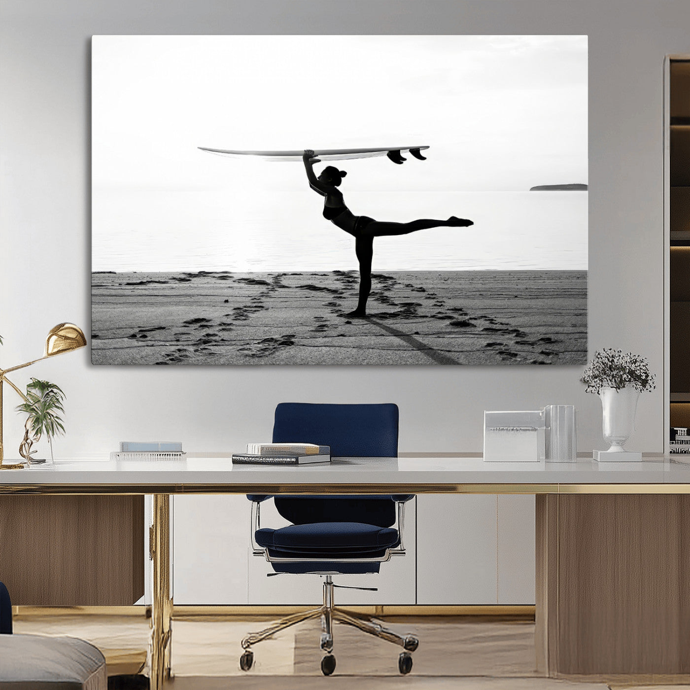 28441356-MGV-CV-36X24-Yoga Surf Wall Art Canvas Print, Framed Black White Shore Art Picture Print, Peaceful Ocean Perfect Minimalist Coastal Decor