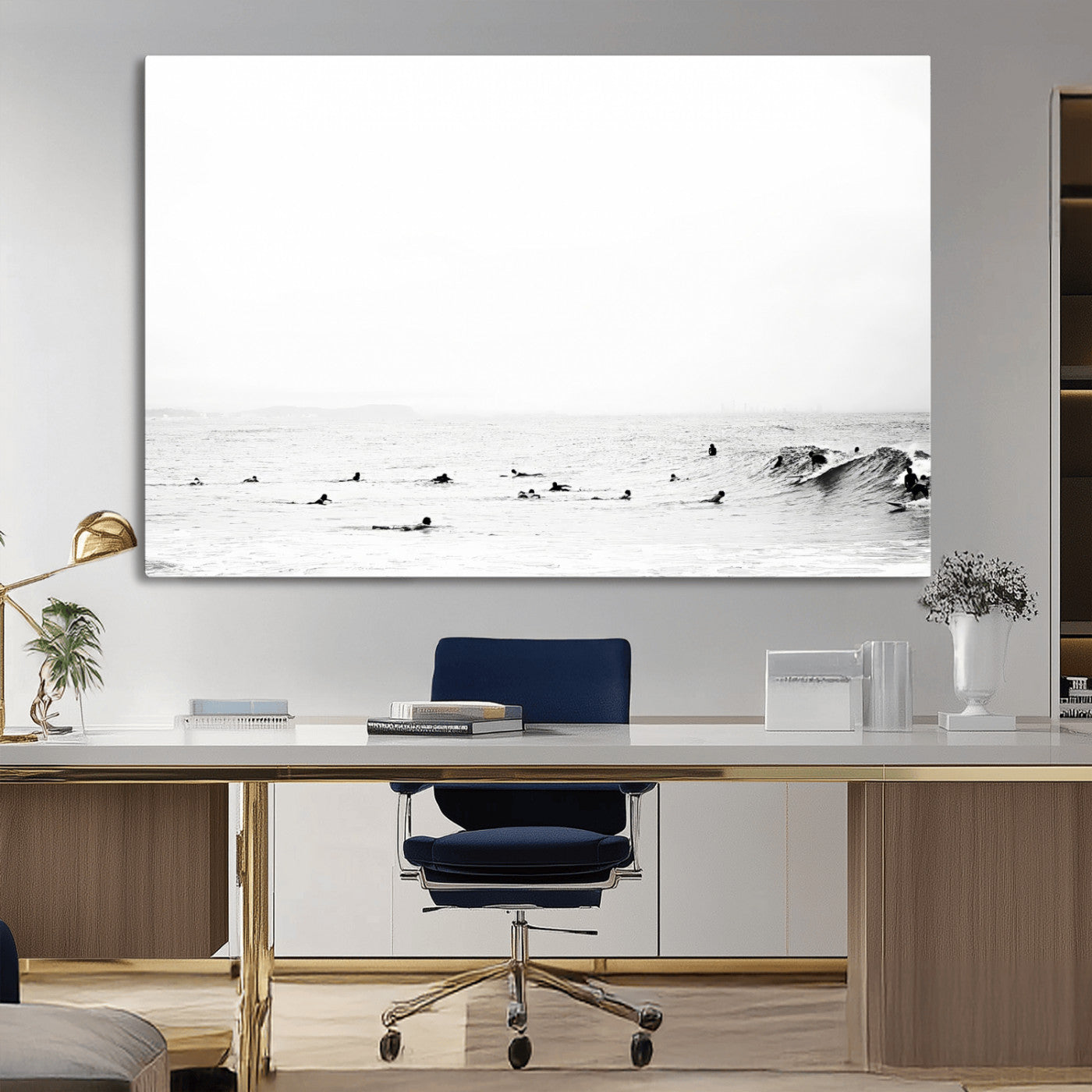 38441169-MGV-CV-36X24-Monochrome Swimming Wall Art Canvas Print, Framed Ocean Horizon Art Picture Print, Moody Coastal Perfect Minimalist Coastal Decor