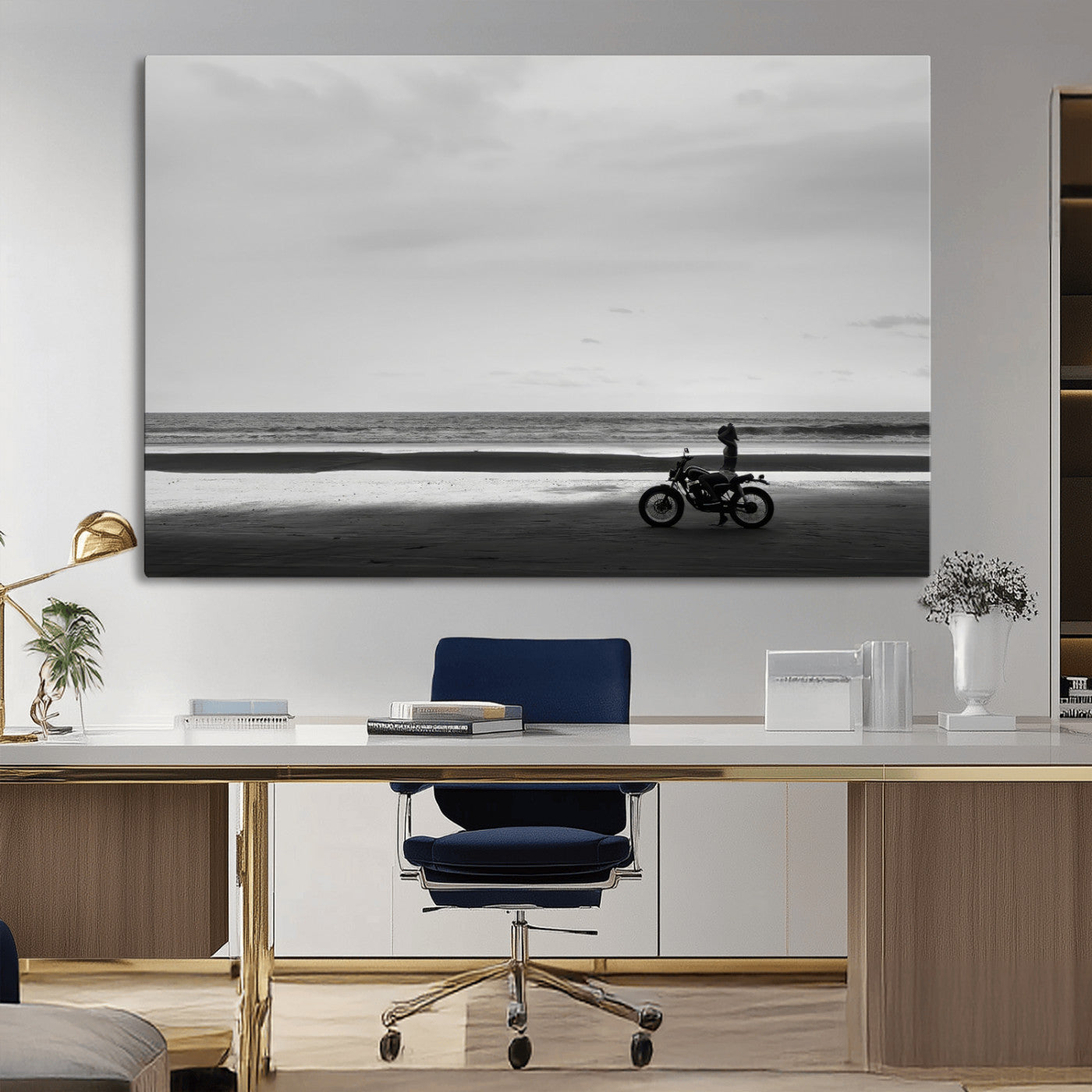 84739358-MGV-CV-36X24-Motorcycle Beach Wall Art Canvas Print, Framed Vintage Motorcycle Art Picture Print, Biker Silhouette Perfect Minimalist Adventure