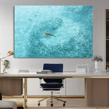 43671474-MGV-CV-36X24-Fish Swarm Wall Art Canvas Print, Framed Marine Life Art Picture Print, Shark Aerial Perfect Wildlife Coastal Decor Artwork