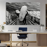 32353707-MGV-CV-36X24-Black White Surfing Wall Art Canvas Print, Framed Coastal Surfing Art Picture Print, Wave Riders Perfect Coastal Adventure Decor