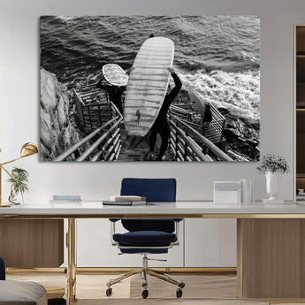 32353707-MGV-CV-36X24-Black White Surfing Wall Art Canvas Print, Framed Coastal Surfing Art Picture Print, Wave Riders Perfect Coastal Adventure Decor