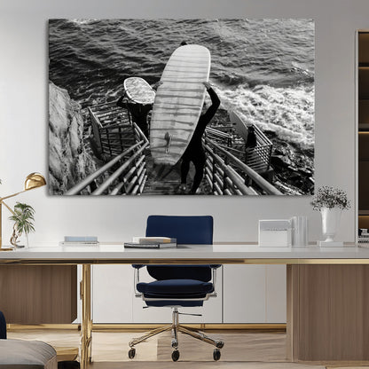 32353707-MGV-CV-36X24-Black White Surfing Wall Art Canvas Print, Framed Coastal Surfing Art Picture Print, Wave Riders Perfect Coastal Adventure Decor