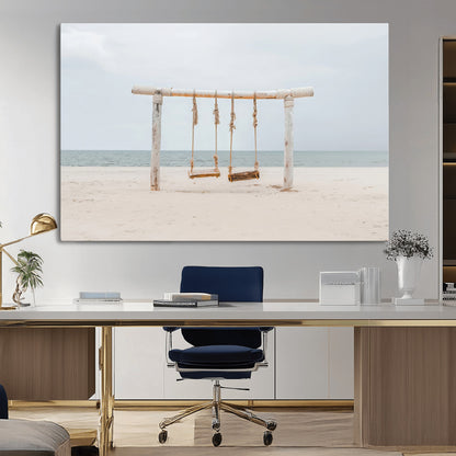 68327283-MGV-CV-36X24-Beach Swing Wall Art Canvas Print, Framed Quiet Beach Art Picture Print, Calm Shoreline Perfect Bohemian Coastal Decor Artwork