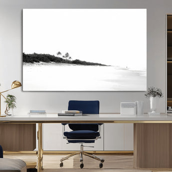29611516-MGV-CV-36X24-Black White Beach Wall Art Canvas Print, Framed Palm Trees Art Picture Print, Monochrome Tropical Perfect Minimalist Coastal Decor