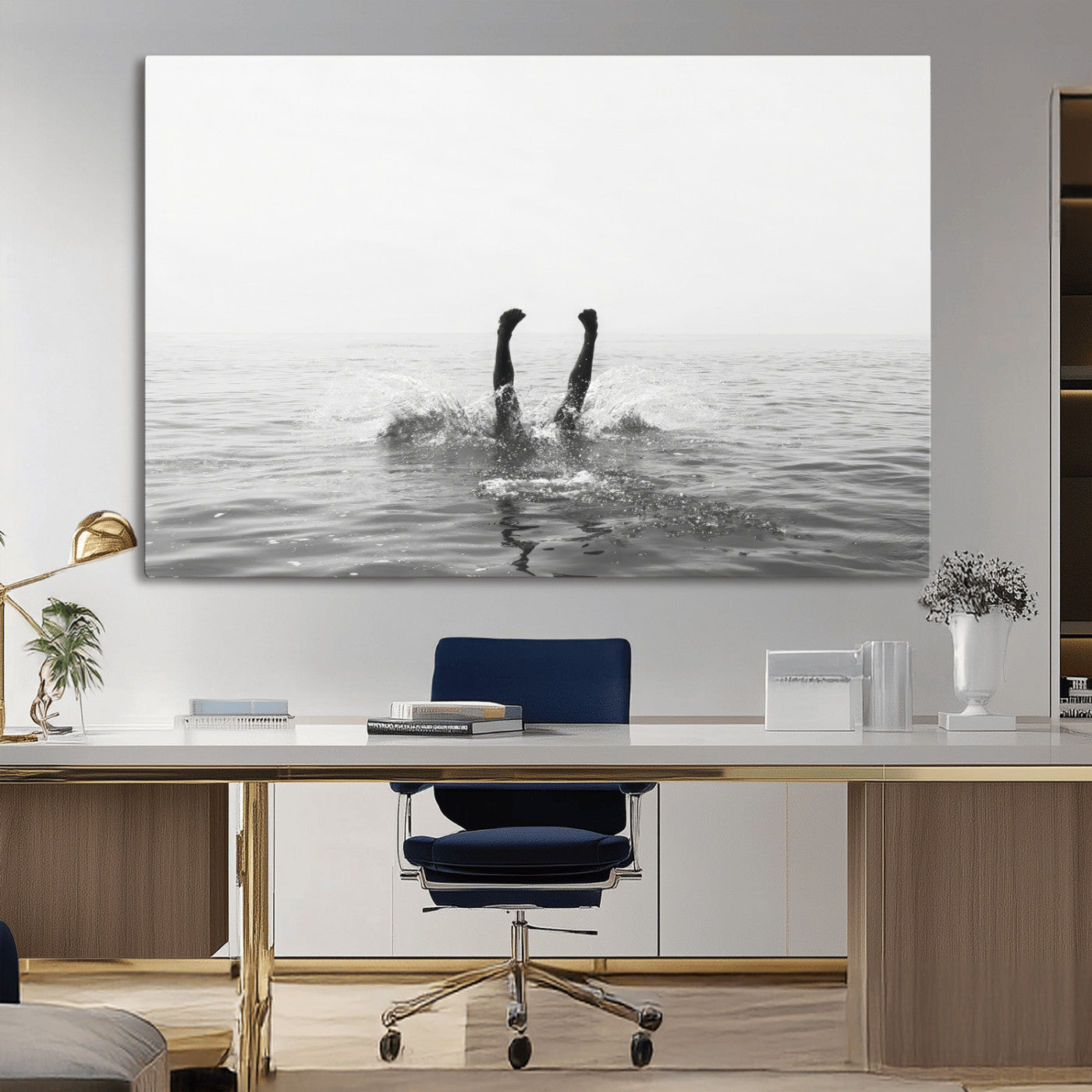 26667396-MGV-CV-36X24-Black White Ocean Wall Art Canvas Print, Framed Monochrome Water Art Picture Print, Diving into Water Perfect Minimalist Aquatic