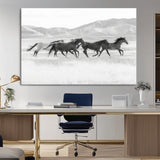 69934913-MGV-CV-36X24-Wild Horses Running Wall Art Canvas Print, Framed Black White Mustangs Art Picture Print, Rustic Western Perfect Rustic Western