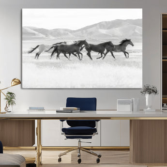 69934913-MGV-CV-36X24-Wild Horses Running Wall Art Canvas Print, Framed Black White Mustangs Art Picture Print, Rustic Western Perfect Rustic Western