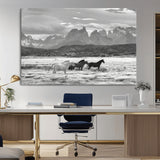 21655040-MGV-CV-36X24-Wild Horses Wall Art Canvas Print, Framed Black White Mountains Art Picture Print, Rustic Countryside Perfect Rustic Western Decor