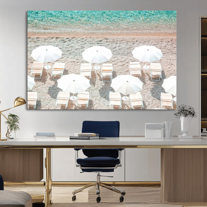 83736167-MGV-CV-36X24-Calm Beach Wall Art Canvas Print, Framed Turquoise Water Art Picture Print, Umbrella Shoreline Perfect Coastal Minimalist Decor
