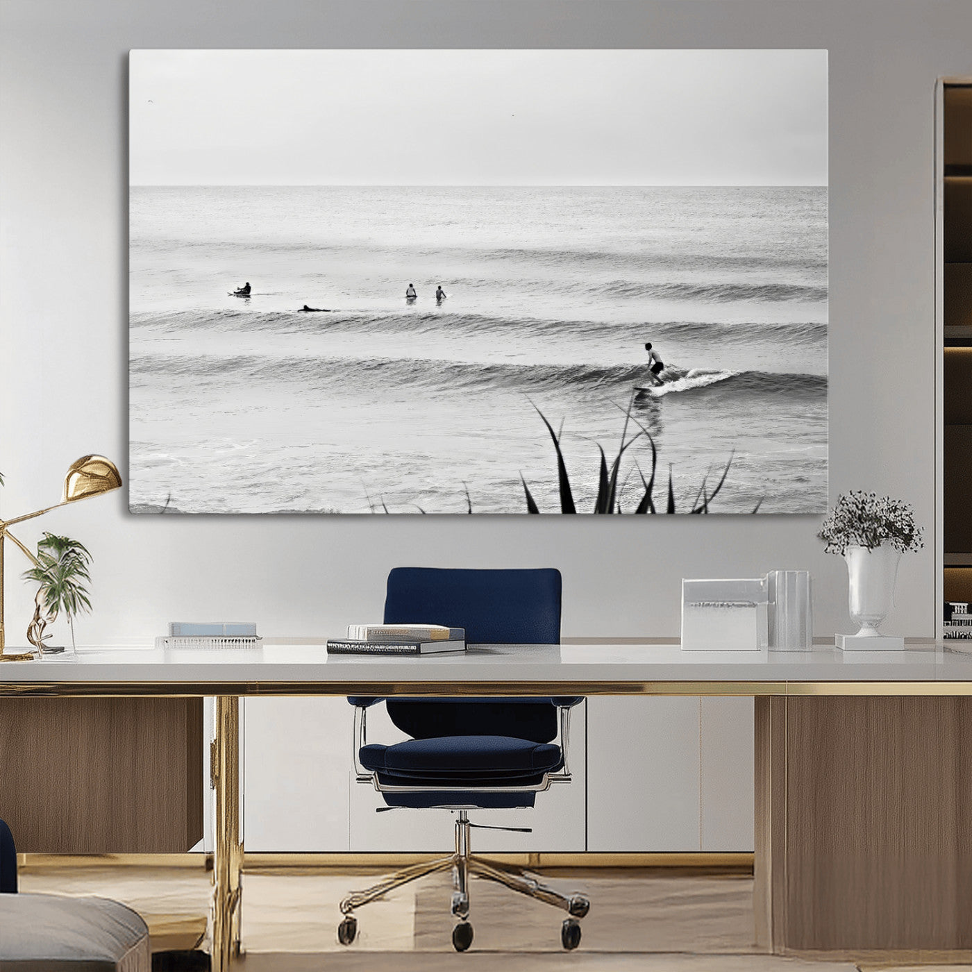 33821421-MGV-CV-36X24-Surfer Silhouette Wall Art Canvas Print, Framed Calm Ocean Art Picture Print, Monochrome Surf Perfect Minimalist Coastal Decor