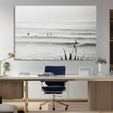 33821421-MGV-CV-36X24-Surfer Silhouette Wall Art Canvas Print, Framed Calm Ocean Art Picture Print, Monochrome Surf Perfect Minimalist Coastal Decor