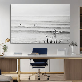 33821421-MGV-CV-36X24-Surfer Silhouette Wall Art Canvas Print, Framed Calm Ocean Art Picture Print, Monochrome Surf Perfect Minimalist Coastal Decor