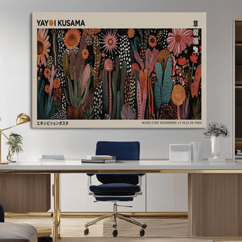 28344895-MGV-CV-36X24-Dark Floral Abstract Wall Art Poster – Modern Botanical Canvas Print with Beige Border, Kusama Inspired Boho Flower Painting,