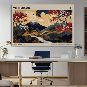 54967195-MGV-CV-36X24-Mount Fuji Wall Art – Japanese Cherry Blossom Abstract Canvas Print, Navy Gold Landscape Painting, Oriental Luxury Home Decor
