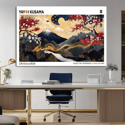 66243961-MGV-CV-36X24-Mount Fuji Japanese Wall Art – Golden Abstract Landscape Canvas Print, Cherry Blossom Painting, Modern Oriental Zen Home Decor