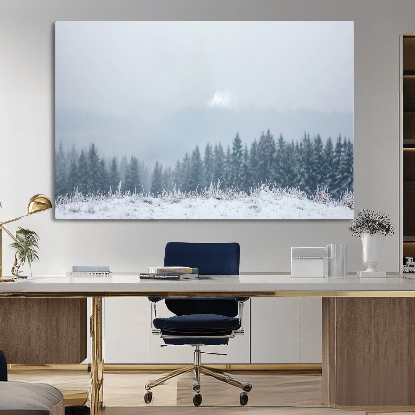 33033082-MGV-CV-36X24-Winter Forest Art Wall Art Canvas Print, Framed Snowy Landscape Art Picture Print, Misty Tree Scene Perfect Nordic Minimalist