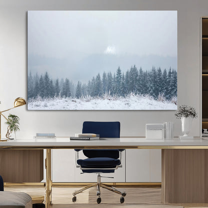 33033082-MGV-CV-36X24-Winter Forest Art Wall Art Canvas Print, Framed Snowy Landscape Art Picture Print, Misty Tree Scene Perfect Nordic Minimalist
