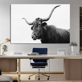 99244177-MGV-CV-36X24-Longhorn Photography Wall Art Canvas Print, Framed Western Cow Decor Art Picture Print, Black White Bull Perfect Modern Rustic
