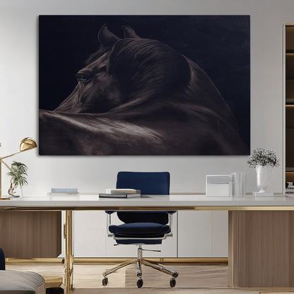 67026880-MGV-CV-36X24-Black Horse Portrait Wall Art Canvas Print, Framed Moody Horse Decor Art Picture Print, Equestrian Wall Style Perfect Masculine