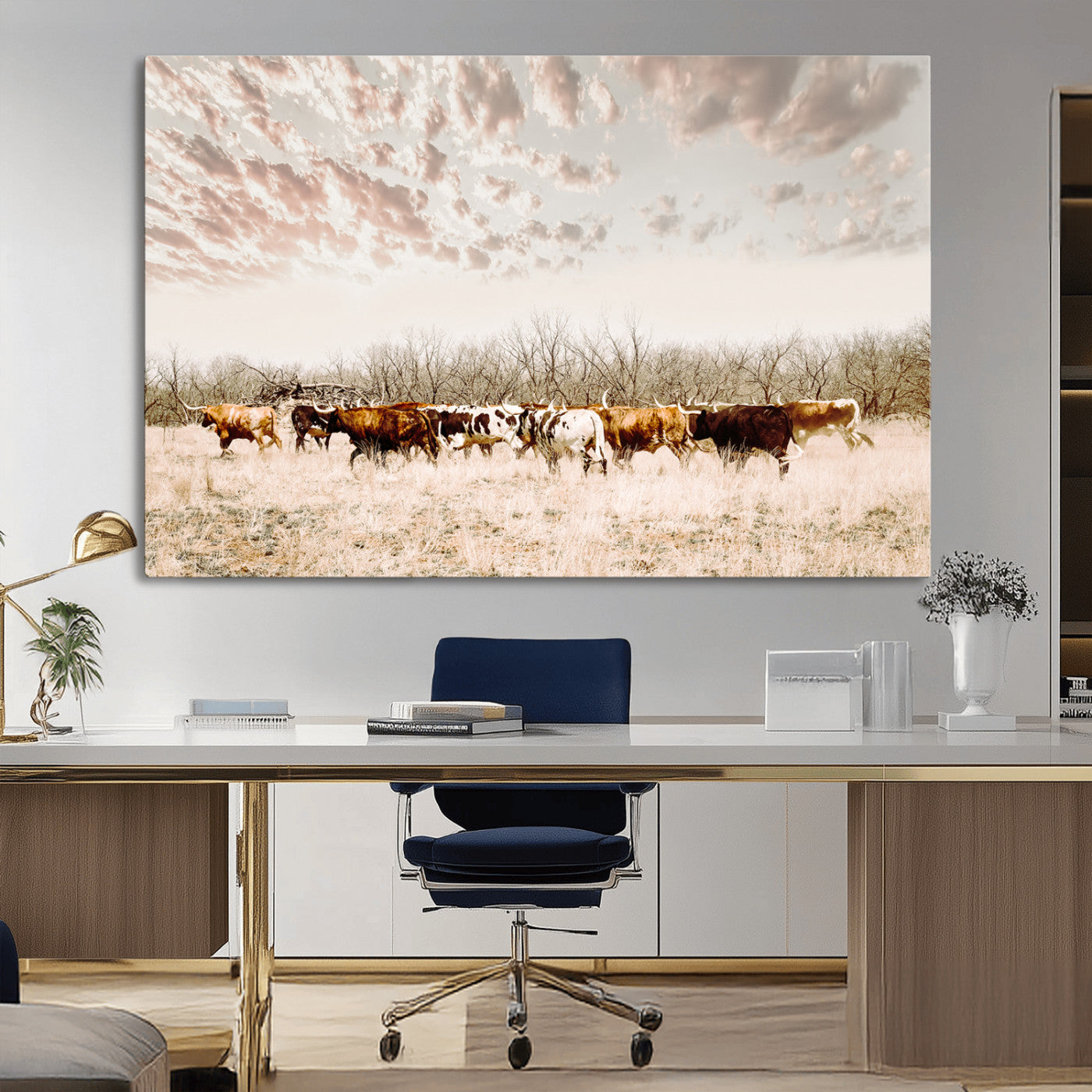 57389417-MGV-CV-36X24-Cow Herd Photography Wall Art Canvas Print, Framed Rustic Farmhouse Decor Art Picture Print, Western Ranch Style Perfect Rustic