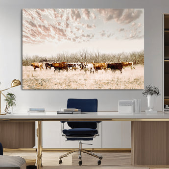 57389417-MGV-CV-36X24-Cow Herd Photography Wall Art Canvas Print, Framed Rustic Farmhouse Decor Art Picture Print, Western Ranch Style Perfect Rustic