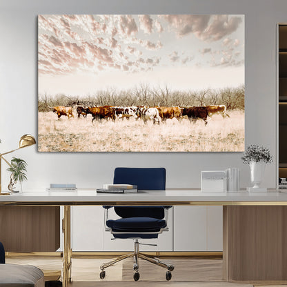 57389417-MGV-CV-36X24-Cow Herd Photography Wall Art Canvas Print, Framed Rustic Farmhouse Decor Art Picture Print, Western Ranch Style Perfect Rustic
